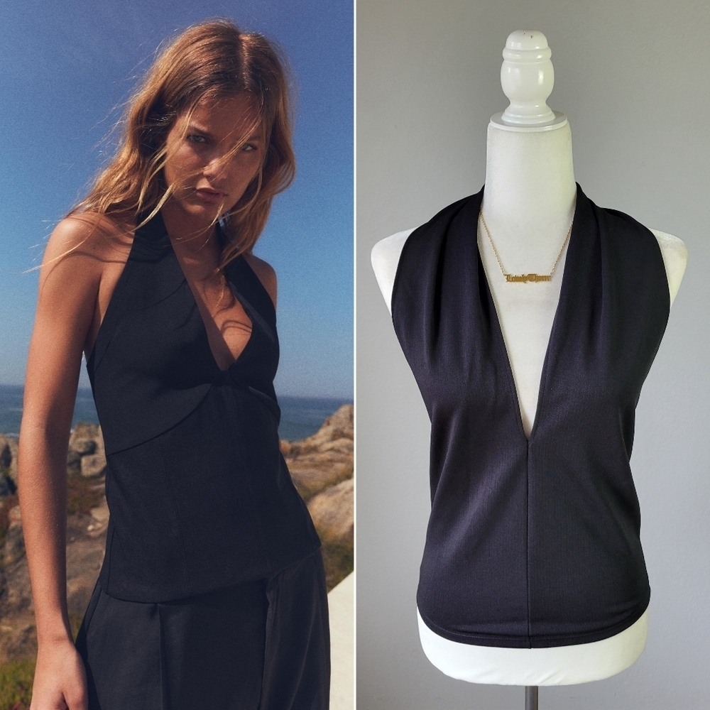 ZARA // black plunge low open back neck tie halter top